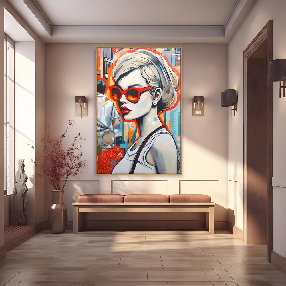 Tablou canvas cu tablou canvas cu portret stilizat de femeie, in rama de aluminiu auriu